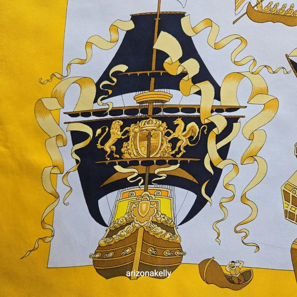 Hermès "Armada" Vintage Yellow Silk Scarf Hand Rolled Carre 90 Nautical Ships - Picture 12 of 16
